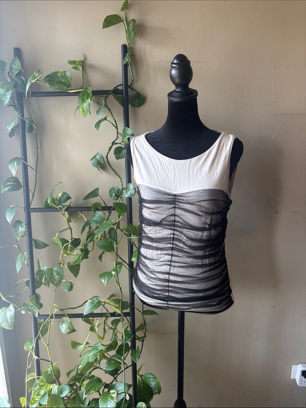 Ann Taylor White Tank with Black Sheer Ruched Overlay